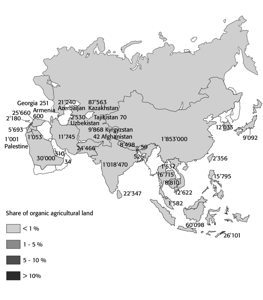 Organic agriculture in Asia 2008 (land under organic management in hectares). Source: FiBL survey 2010. Graph: FiBL